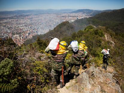 Soldados combaten el incendio en las colinas del oriente de Bogotá, el 23 de enero.