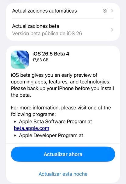 Actualización iOS 26.5 Beta 4