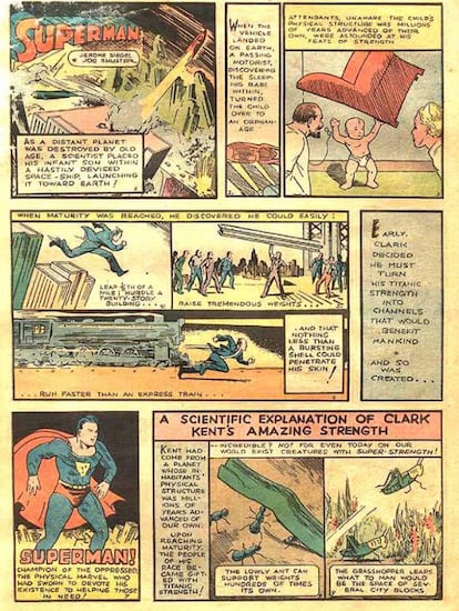 La primera página de la historieta debut de Superman explica el origen del personaje sin nombrar Kripton.