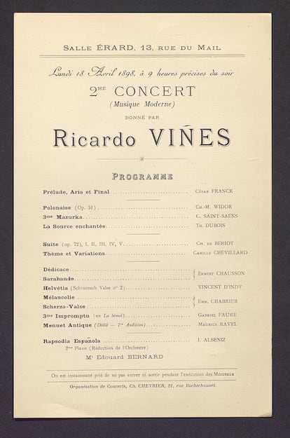 Programa de mano del estreno de la primera composición de Ravel en un concierto de Viñes, en abril de 1898.