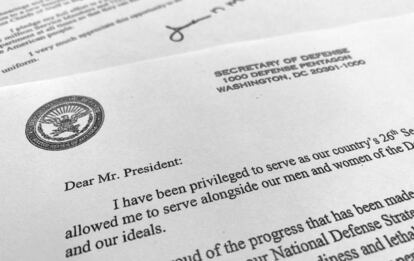 Parte de la carta enviada por el secretario de Defensa, Jim Mattis, al presidente de Estados Unidos, Donald Trump, para comunicarle su renuncia.