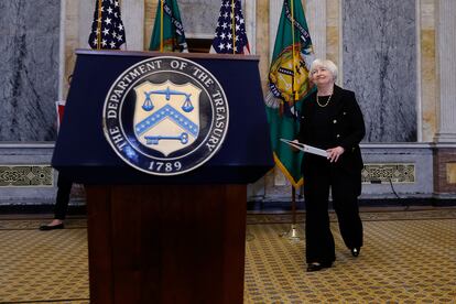 La secretaria del Tesoro de los Estados Unidos, Janet Yellen, durante una conferencia de prensa en Washington DC.