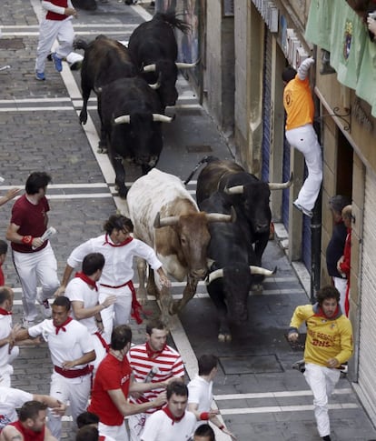 Mozos corren ante toros de la ganadería de Dolores Aguirre Ybarra, durante el segundo encierro de los sanfermines 2014 por las calles de Pamplona, que ha sido rápido y limpio, sin ningún herido por asta. 