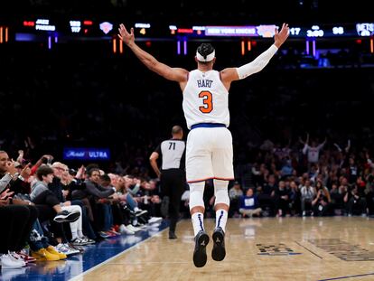 New York Knicks guard Josh Hart (3) reacts after scoring a 3-point basket against the Brooklyn Nets during the second half of an NBA basketball game, Monday, Feb. 13, 2023, in New York.