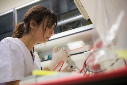 Una investigadora, en un laboratorio de la Universidad Pública de Navarra (UPNA). / Adolfo Lacunza (UPNA).