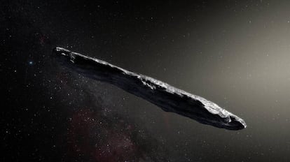 Recriação do asteroide Oumuamua, com meio quilômetro de comprimento.