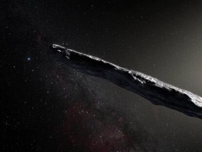 Recriação do asteroide Oumuamua, com meio quilômetro de comprimento.