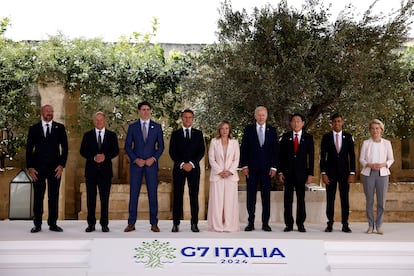 G7 family photo.  From left to right, Charles Michel, president of the European Council;  Olaf Scholz, German Chancellor;  Justin Trudeau, Canadian Prime Minister;  Emmanuel Macron, French president;  Giorgia Melonia, Italian Prime Minister and host of the summit;  Joe Biden, president of the United States;  Fumio Kishida, Japanese Prime Minister;  Rishi Sunak, Prime Minister of the United Kingdom and Ursula von der Leyen, President of the European Commission. 