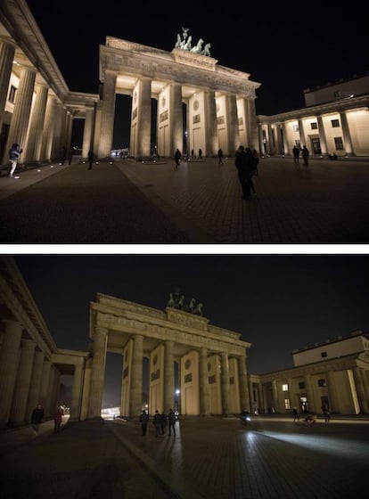 Este combo muestra una vista de la Puerta de Brandemburgo con las luces encendidas y apagadas para marcar la Hora del Planeta en Berlín, Alemania.