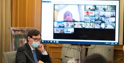 Spanish Health Minister Salvador Illa presiding over a virtual meeting of health officials on Wednesday.