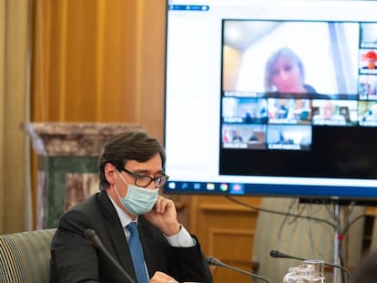 Spanish Health Minister Salvador Illa presiding over a virtual meeting of health officials on Wednesday.