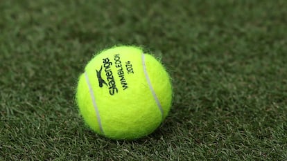 Una pelota sobre el césped de una de las pistas del All England Club.