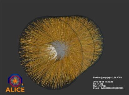 Colisión de iones pesados registrada en el experimento Alice del acelerador LHC