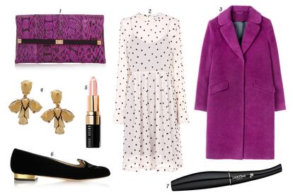 1. Diane von Furstenberg Clutch de pitn. 2. Bimba & Lola Vestido de manga larga con print de lunares. 3. H&M Abrigo recto de pa?o. 4. J.Crew Pendientes de pedrera. 5. Bobbi Brown Barra de labios 'Crazy for Color'. 6. Charlotte Olympia Slipper de ante con cara de gato y tacn dorado. 7. Lanc?me Mscara de pesta?as 'L'Extrme'.