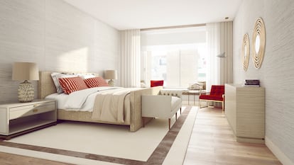 Dormitorio de una de las viviendas de Lagasca, 99, en Madrid. El interiorismo es del estudio SML.