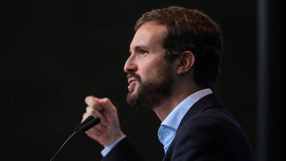 Pablo Casado, interviene en la tradicional comida de Navidad del PP de la Comunidad de Madrid, el pasado 14 de diciembre. 