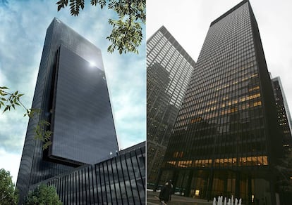 A la izquierda, una recreación del aspecto final que tendrá Caleido y, a la derecha, el edificio Seagram de Nueva York.