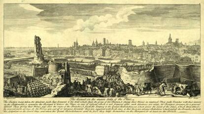 Vista de l'assalt de les tropes borbòniques sobre Barcelona el 1714, segons un gravat de l'època.