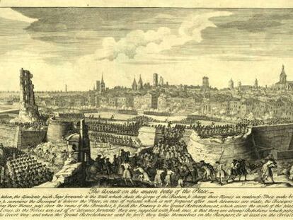Vista de l'assalt de les tropes borbòniques sobre Barcelona el 1714, segons un gravat de l'època.