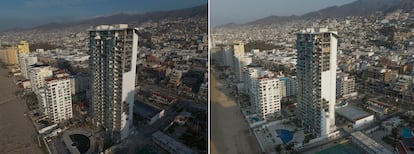 A la izquierda la zona hotelera del Puerto de Acapulco en octubre de 2023, a la derecha el mismo sitio en la actualidad.