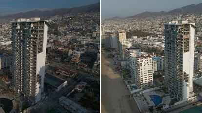 A la izquierda la zona hotelera del Puerto de Acapulco en octubre de 2023, a la derecha el mismo sitio en la actualidad.