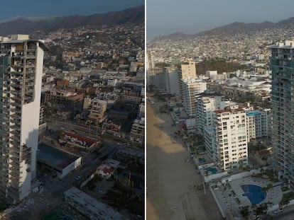 A la izquierda la zona hotelera del Puerto de Acapulco en octubre de 2023, a la derecha el mismo sitio en la actualidad.