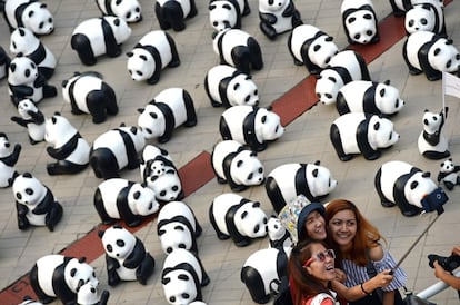 Unas jóvenes se hacen un autorretrato con pandas de papel obra del artista francés Paulo Grangeon, expuestos en Bangkok (Tailandia), el 10 de marzo de 2016.