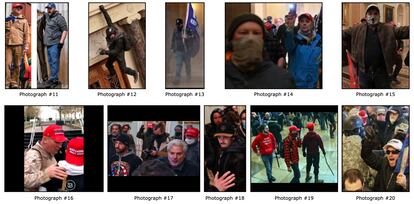 Una ficha difundida por el FBI con fotografías de las personas implicadas en el asalto al Capitolio de EE UU.