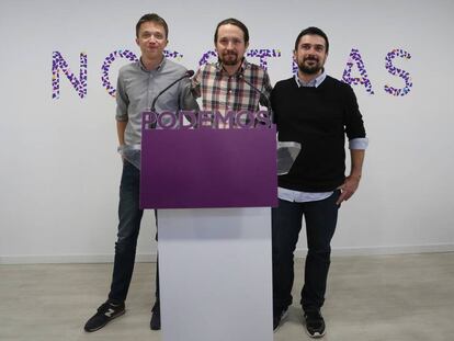 Errejón, Iglesias y Espinar en la presentación de la lista unitaria a la candidatura de la Comunidad de Madrid el pasado abril.