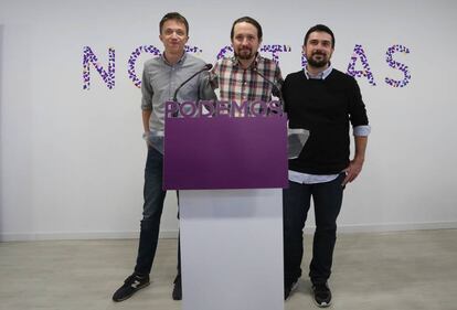 Errejón, Iglesias y Espinar en la presentación de la lista unitaria a la candidatura de la Comunidad de Madrid el pasado abril.