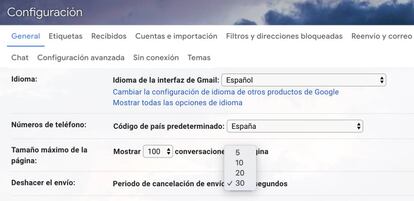 Aumenta el tiempo de cancelación de un correo en Gmail.