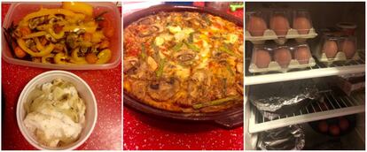 Estas imágenes muestran alimentos que mi compañera de piso consume durante el día. De izquierda a derecha: verduras a la plancha y merluza al horno (uno de sus desayunos), tortilla de verduras y la nevera repleta de huevos.