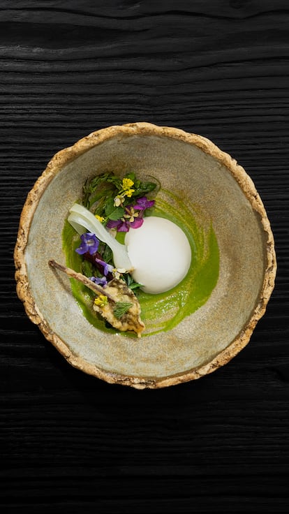 Emulsión láctea de cabra, pesto de hojas de chirivía y vegetales del momento. En este plato está presente la acederilla, que aporta acidez al plato, así como un elemento de decoración.