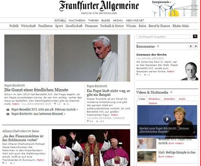 El diario alem&aacute;n &#039;Frankfurter Allgemeine Zeitung&#039; abre su edici&oacute;n web con una foto del todav&iacute;a pont&iacute;fice y varias piezasque completan el despliegue sobre la renuncia de Benedicto XVI.