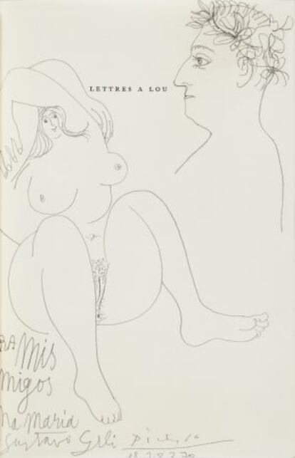 'Apollinaire y mujer desnuda', Mougins, 1970. Portadilla del libro 'Lettres à Lou', firmado, fechado y dedicado a lápiz: “Para mis/ amigos/ Ana Maria/ y Gustavo Gili Picasso/ el 28.3.70.”.