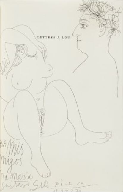 'Apollinaire i dona nua', Mougins, 1970. Portadella del llibre 'Lettres à Lou', signat, datat i dedicat al llapis: “Per als meus/ amics/ Anna Maria/ i Gustau Gili Picasso/ el 28.3.70”.