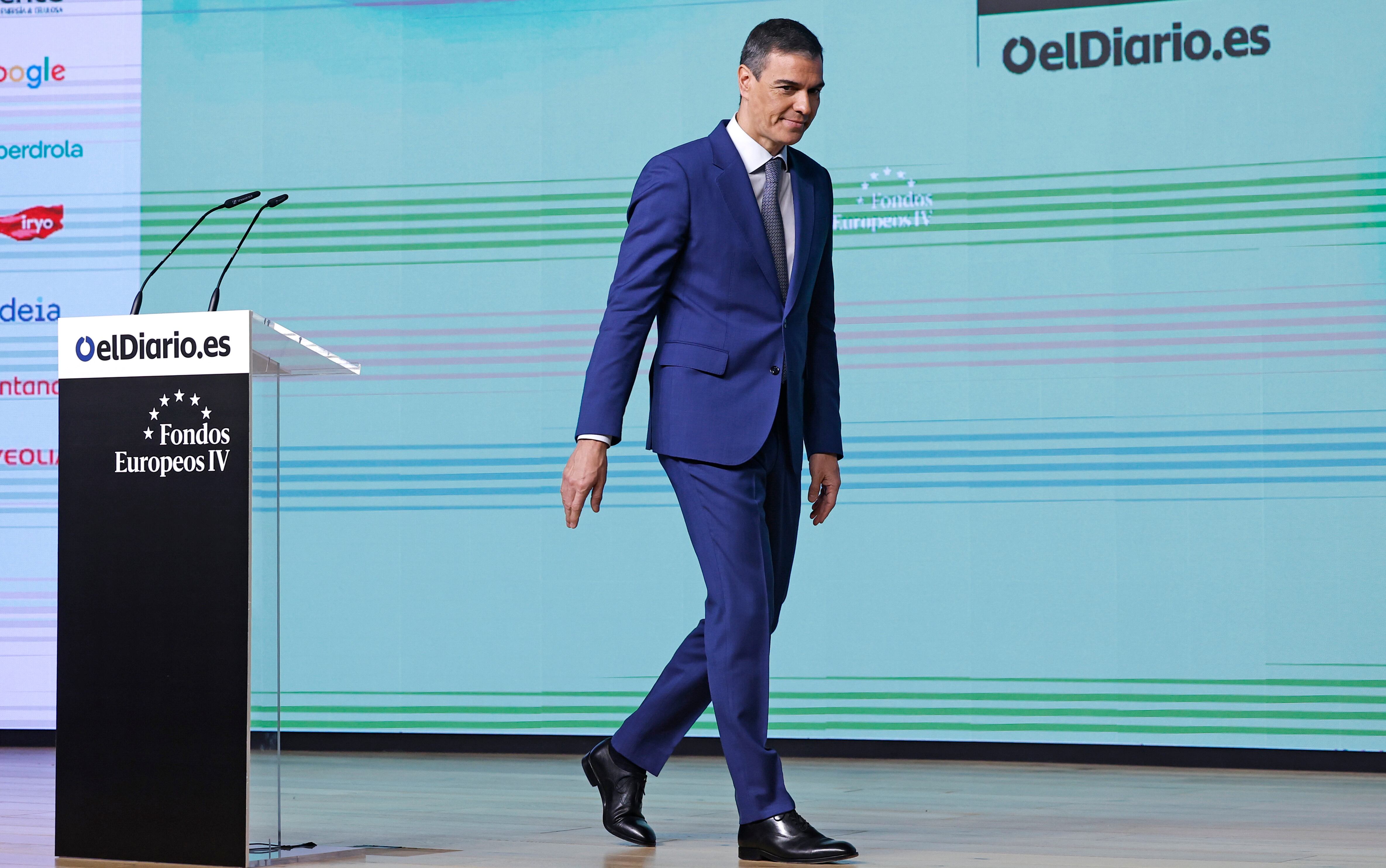 El presidente del Gobierno, Pedro Sánchez, tras intervenir en la inauguración de la cuarta edición del foro ‘Fondos Europeos: Innovación para un crecimiento sostenible’, organizada por elDiario.es, este jueves en Madrid. 