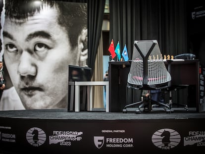 The stage stood empty in Astana while Ding considered his position from a monitor in the locker room.