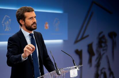 Pablo Casado, líder del PP, durante una comparecencia, esta semana.