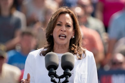 Democratic presidential candidate Kamala Harris during a campaign event in Eau Claire, Wisconsin, the United States, on August 7, 2024.