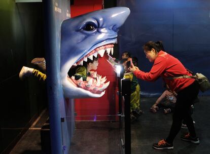 Una profesora hace una fotografía un alumno que se ha metido en la boca de un tiburón de plástico en el acuario de COEX , Seúl (Corea del Sur).