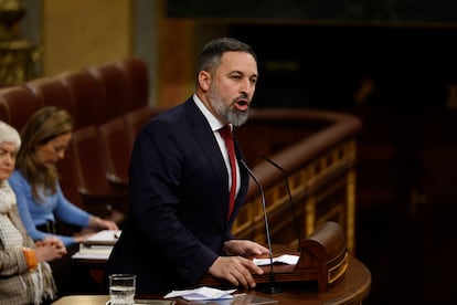 El líder de Vox, Santiago Abascal, durante la votación de la Ley de Amnisitía, este jueves en el Congreso.