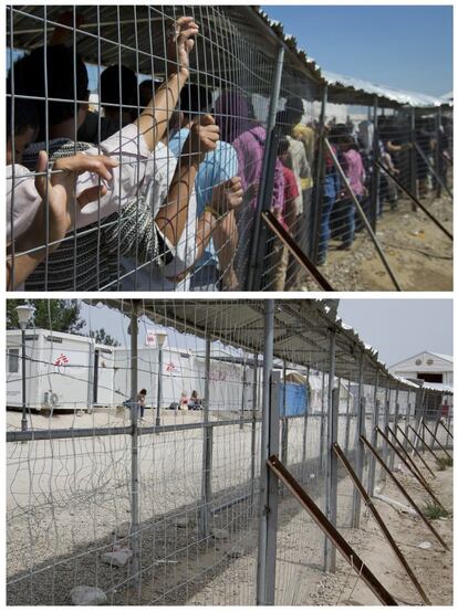 Centro de Distribución de migrantes en el campamento de Idomeni (Grecia). Antes, migrantes esperan la distribución de ayuda, el 23 de mayo de 2016. El mismo lugar después de su evacuación, el 29 de mayo de 2016.