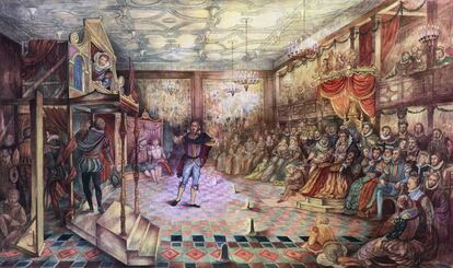 Ilustración de una representación teatral de Shakespeare.