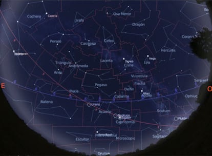 Mapa de la noche obtenido con el programa Stellarium y calculados para el día 15 de noviembre. Representa el cielo visible a primera hora de la noche.