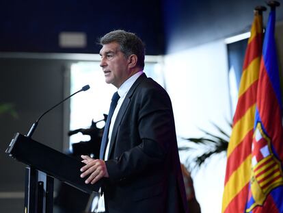 El presidente del FC Barcelona, Joan Laporta, durante la conferencia de prensa.