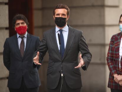 El líder del PP, Pablo Casado, en declaraciones en el Congreso.