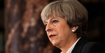 Theresa May durante un mitin del partido conservador en Londres, este lunes.