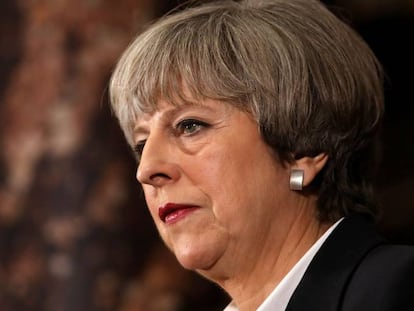 Theresa May durante un mitin del partido conservador en Londres, este lunes.