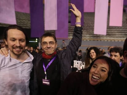 Pablo Iglesias, Juan Carlos Monedero, Irene Montero y Miguel Urb&aacute;n en Vistalegre II.